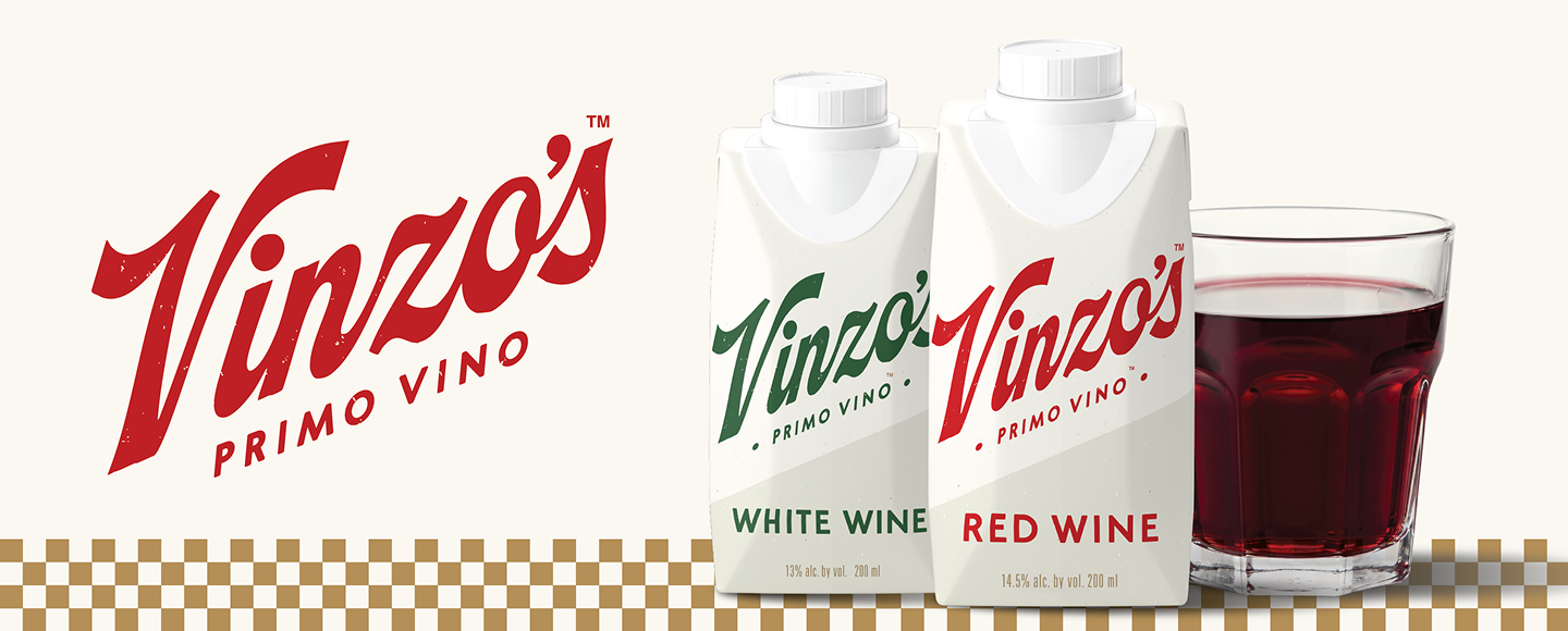 Vinzo's Primo Vino brand banner featuring White Wine and Red Wine cartons next to a glass of red wine.