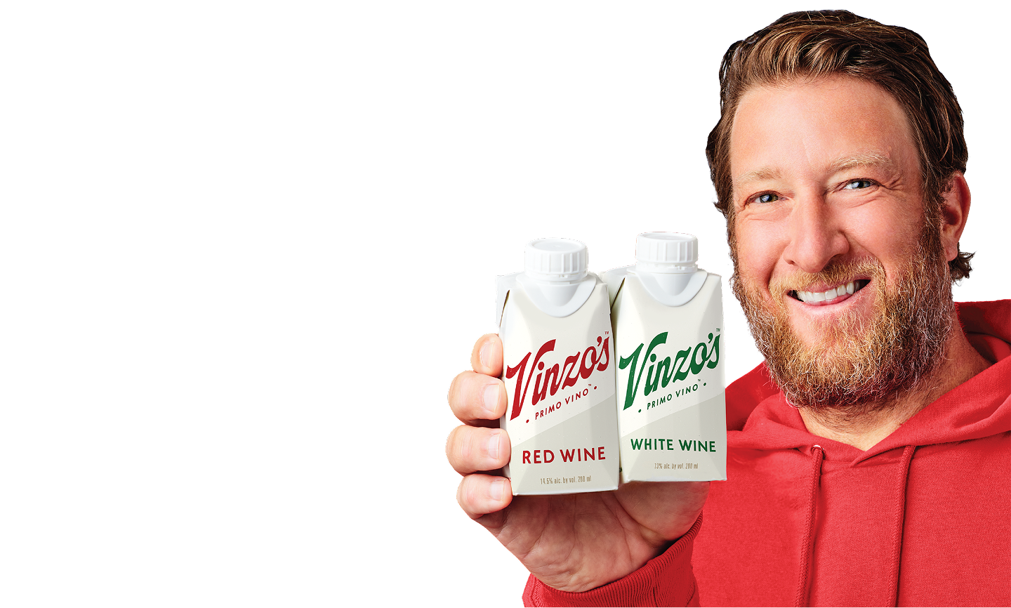 Dave Portnoy holding two cartons of Vinzo's Primo Vino.